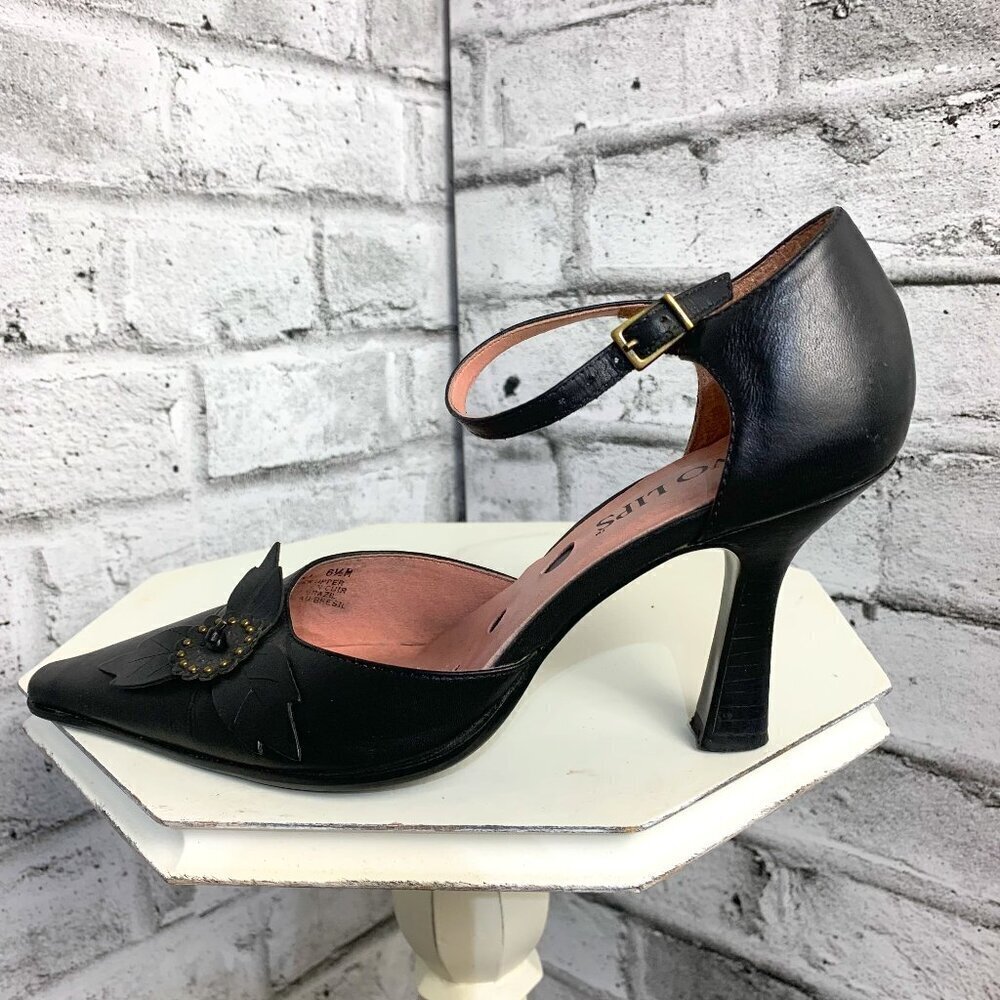 Two Lips Vintage Y2K 6.5 Pump Black Leather Pointy Toe Ankle Strap Sandals